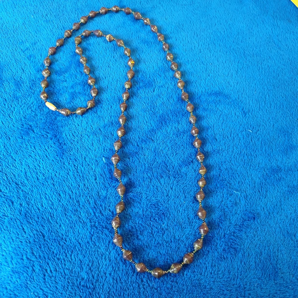 Vintage Paper Wrapped Purple Beaded Iridescent Opera Spool Necklace